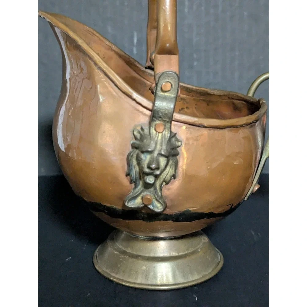 Vintage MCM Copper & Brass Coal Scuttle Lion Mounts Delft-Style Ceramic Handle